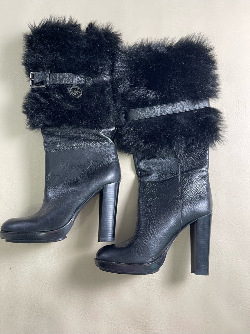 Michael Kors Black Leather Fur-Cuff High Heel Boots